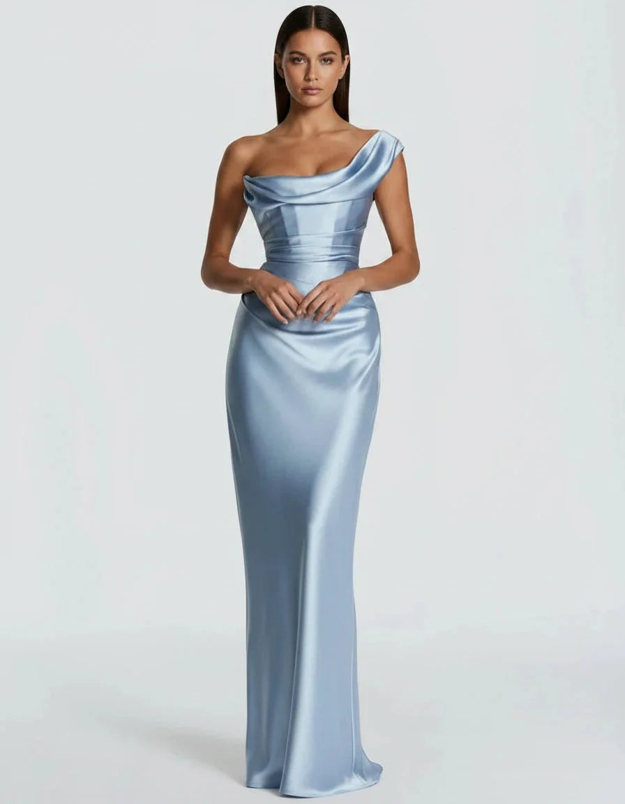Amarante · La Robe En Satin Drapée À Une Épaule — Bleu, photo 16